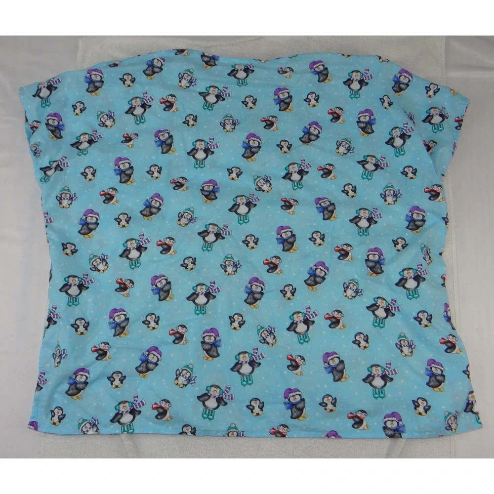Unbranded Blue Penguin Winter Print V-Neck Scrub Top Short Sleeve Pockets 3878